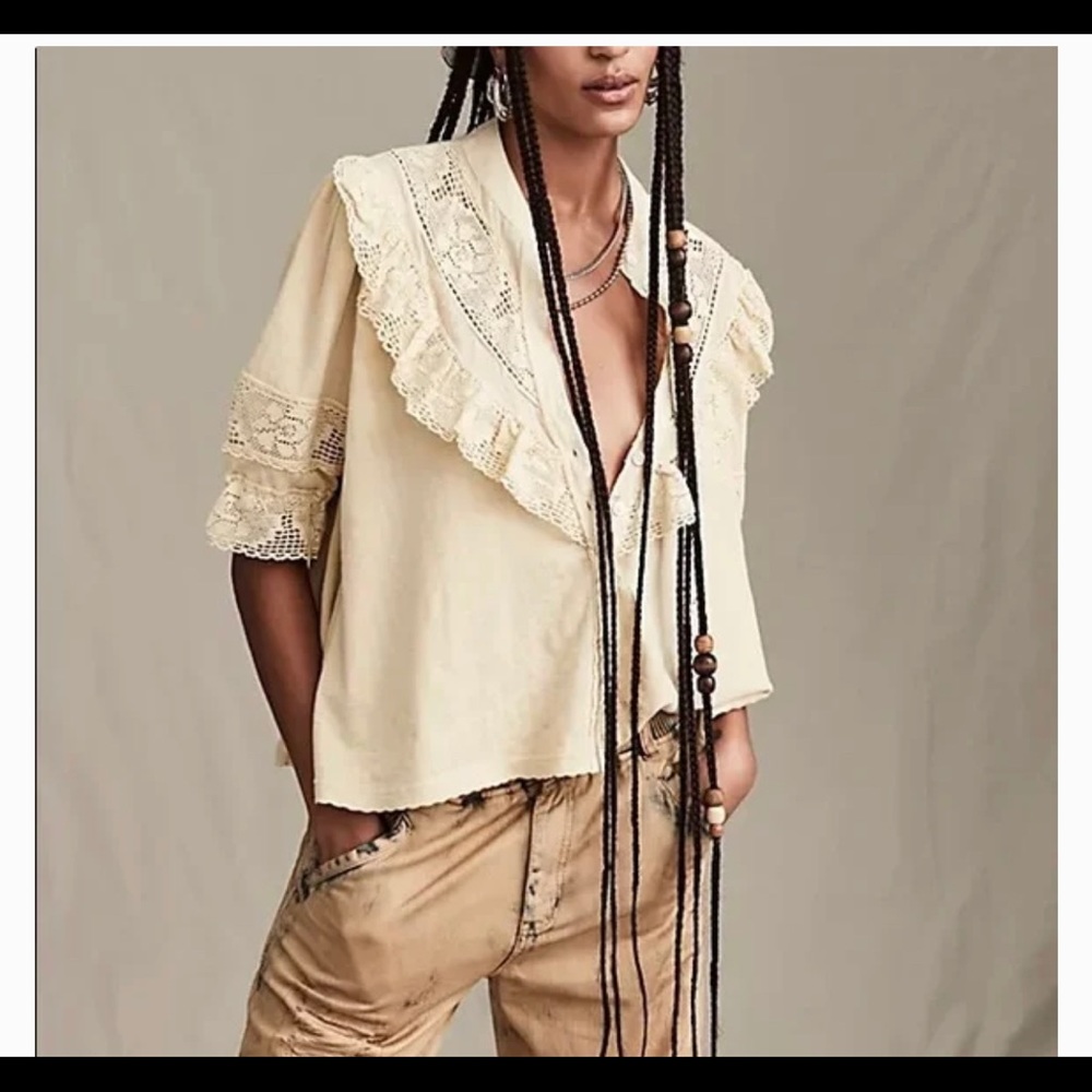 🅢🅐🅛🅔 Free People Walk In the Park Grey Blouse 👚 Ruffled Top Puff sleeve - Picture 5 of 11